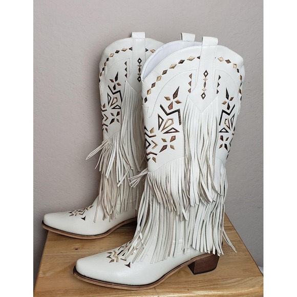 Western Cowboy Boots Faux Womens White Fringe Embroidered Festival Rodeo US 13M - Picture 2 of 7